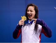 16 August 2018; Alice Tai of Great Britain, first place in the Women's 100m Backstroke S8 event with her gold medal during day four of the World Para Swimming Allianz European Championships at the Sport Ireland National Aquatic Centre in Blanchardstown, Dublin. Photo by David Fitzgerald/Sportsfile