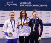 16 August 2018; Medallists in the Women's 100m Backstroke S9 event, from left, silver medallist Lina Watz of Sweden, gold medallist Nuria Marques Soto of Spain, and bronze medallist Toni Shaw of Great Britain, during day four of the World Para Swimming Allianz European Championships at the Sport Ireland National Aquatic Centre in Blanchardstown, Dublin. Photo by David Fitzgerald/Sportsfile