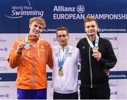 16 August 2018; Medallists in the Men's 100m Backstroke S9 event, from left, silver medallist Thijs van den End of Netherlands, gold medallist Ugo Didier of France, and bronze medallist Tamas Toth of Hungary, during day four of the World Para Swimming Allianz European Championships at the Sport Ireland National Aquatic Centre in Blanchardstown, Dublin. Photo by David Fitzgerald/Sportsfile