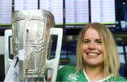 17 August 2018; Claire Monaghan, from Athboy, Co Meath, with the Liam MacCarthy Cup at the GAA Fáilte Abhaile event at Dublin Airport in Dublin. Photo by Piaras Ó Mídheach/Sportsfile