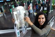 17 August 2018; Mary Saydein, from America, with the Liam MacCarthy Cup at the GAA Fáilte Abhaile event at Dublin Airport in Dublin. Photo by Piaras Ó Mídheach/Sportsfile