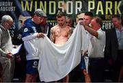 17 August 2018; Carl Frampton weighs in ahead of his interim World Boxing Organisation World Featherweight Title bout with Luke Jackson during the Windsor Park boxing weigh ins at Belfast City Hall in Belfast. Photo by Ramsey Cardy/Sportsfile