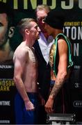 17 August 2018; Paddy Barnes, left, and Cristofer Rosales ahead of their World Boxing Council World Flyweight Title bout with during the Windsor Park boxing weigh ins at Belfast City Hall in Belfast. Photo by Ramsey Cardy/Sportsfile