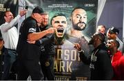 17 August 2018; John Fury, left, father of Tyson Fury, exchanges words with WBC Heavyweight champion Deontay Wilder during the Windsor Park boxing weigh ins at Belfast City Hall in Belfast. Photo by Ramsey Cardy/Sportsfile