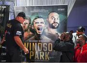 17 August 2018; John Fury, left, father of Tyson Fury, exchanges words with WBC Heavyweight champion Deontay Wilder during the Windsor Park boxing weigh ins at Belfast City Hall in Belfast. Photo by Ramsey Cardy/Sportsfile