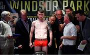 17 August 2018; Paddy Barnes weighs in ahead of his World Boxing Council World Flyweight Title bout with Cristofer Rosales during the Windsor Park boxing weigh ins at Belfast City Hall in Belfast. Photo by Ramsey Cardy/Sportsfile