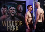 17 August 2018; Steven Collins Jr, left, faces off with Steven Ward ahead of their cruiserweight bout during the Windsor Park boxing weigh ins at Belfast City Hall in Belfast. Photo by Ramsey Cardy/Sportsfile