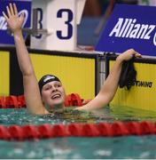 17 August 2018; Liesette Bruinsma of Netherlands celebrates after winning the final of the Women's 200m Individual Medley SM11 event during day five of the World Para Swimming Allianz European Championships at the Sport Ireland National Aquatic Centre in Blanchardstown, Dublin. Photo by David Fitzgerald/Sportsfile