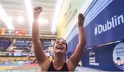 17 August 2018; Lisa Kruger of Netherlands celebrates after winning the final of the Women's 100m Butterfly S10 event and setting a new world record during day five of the World Para Swimming Allianz European Championships at the Sport Ireland National Aquatic Centre in Blanchardstown, Dublin. Photo by David Fitzgerald/Sportsfile
