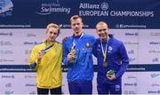 17 August 2018; Medallists in the Men's 100m Backstroke S13 Final  event, from left, silver medallist Kyrylo Garaschenko of Sweden, gold medallist Ihar Boki of Belarus, and bronze medallist Antero Antti Latikka of Finland, during day five of the World Para Swimming Allianz European Championships at the Sport Ireland National Aquatic Centre in Blanchardstown, Dublin. Photo by David Fitzgerald/Sportsfile