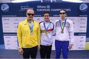 17 August 2018; Medallists in the Men's 200m Individual Medley SM11 Final event, from left, silver medallist Viktor Smyrnov of Ukraine, gold medallist Israel Oliver of Spain, and bronze medallist Hryhory Zudzilau of Belarus, during day five of the World Para Swimming Allianz European Championships at the Sport Ireland National Aquatic Centre in Blanchardstown, Dublin. Photo by David Fitzgerald/Sportsfile