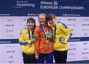 17 August 2018; Medallists in the Women's 200m Individual Medley SM11 event, from left, silver medallist Maryna Piddubna of Ukraine, gold medallist Liesette Bruinsma of Netherlands, and bronze medallist Yana Berezhna of Ukraine, during day five of the World Para Swimming Allianz European Championships at the Sport Ireland National Aquatic Centre in Blanchardstown, Dublin. Photo by David Fitzgerald/Sportsfile
