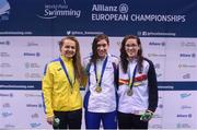 17 August 2018; Medallists in the Women's 100m Backstroke S13 event, from left, silver medallist Anna Stetsenko of Ukraine, gold medallist Carlotta Gilli of Italy, and bronze medallist Marian Polo Lopez of Spain, during day five of the World Para Swimming Allianz European Championships at the Sport Ireland National Aquatic Centre in Blanchardstown, Dublin. Photo by David Fitzgerald/Sportsfile
