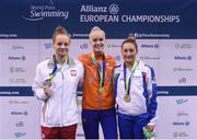 17 August 2018; Medallists in the Women's 100m Butterfly S10 event, from left, silver medallist Oliwia Jablonska of Poland, gold medallist Lisa Kruger of Netherlands, and bronze medallist Alessia Scortechini of Italy, during day five of the World Para Swimming Allianz European Championships at the Sport Ireland National Aquatic Centre in Blanchardstown, Dublin. Photo by David Fitzgerald/Sportsfile