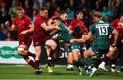 17 August 2018; Fergus Mulchrone of London Irish is tackled by Rory Scannell, JJ Hanrahan, and Tommy O’Donnell of Munster during the Keary's Renault pre-season friendly match between Munster and London Irish at Irish Independent Park in Cork. Photo by Diarmuid Greene/Sportsfile