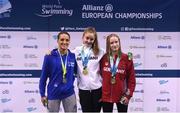 17 August 2018; Medallists in the Women's 200m Individual Medley SM12 Final event, from left, silver medallist Alessia Berra of Italy, gold medallist Elean Krawzow of Germany, and bronze medallist Neele Labudda of Germany, during day five of the World Para Swimming Allianz European Championships at the Sport Ireland National Aquatic Centre in Blanchardstown, Dublin. Photo by David Fitzgerald/Sportsfile