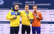 17 August 2018; Medallists in the Men's 200m Individual Medley SM12 Final, from left, silver medallist Danylo Chufarov of Ukraine, gold medallist iaroslave Denysenko of Ukraine, and bronze medallist Roger Dorsman of Netherlands, during day five of the World Para Swimming Allianz European Championships at the Sport Ireland National Aquatic Centre in Blanchardstown, Dublin. Photo by David Fitzgerald/Sportsfile