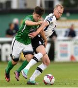 17 August 2018; Chris Shields of Dundalk in action against Byron O'Gorman of Bray Wanderers during the SSE Airtricity League Premier Division match between Bray Wanderers and Dundalk at the Carlisle Grounds in Bray, Wicklow. Photo by Matt Browne/Sportsfile