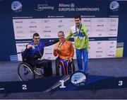 17 August 2018; Medallists in the Men's 200m Freestyle S4 event, from left, silver medallist Ami Omer Dadaon of Isreal, gold medallist Michael Schoenmaker of Netherlands, and bronze medallist Darko Duric of Slovenia, during day five of the World Para Swimming Allianz European Championships at the Sport Ireland National Aquatic Centre in Blanchardstown, Dublin. Photo by David Fitzgerald/Sportsfile
