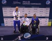 17 August 2018; Medallists in the Men's 150m Individual Medley SM3 event, from left, silver medallist Mikael Fredriksson of Sweden, gold medallist Ioannis Kostakis of Greece, and bronze medallist Iyad Shalabi of Isreal, during day five of the World Para Swimming Allianz European Championships at the Sport Ireland National Aquatic Centre in Blanchardstown, Dublin. Photo by David Fitzgerald/Sportsfile