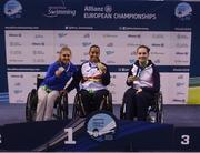 17 August 2018; Medallists in the Women's 50m Freestyle S5 event, from left, silver medallist Monica Boggioni of Italy, gold medallist Teresa Perales of Spain, and bronze medallist Tully Kearney of Great Britain, during day five of the World Para Swimming Allianz European Championships at the Sport Ireland National Aquatic Centre in Blanchardstown, Dublin. Photo by David Fitzgerald/Sportsfile