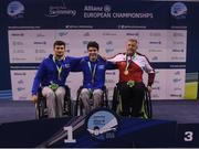 17 August 2018; Medallists in the Men's 50m Freestyle S5 event, from left, silver medallist Francesco Bocciardo of Italy, gold medallist Antonio Fantin of Italy, and bronze medallist Stephan Fuhrer of Switzerland, during day five of the World Para Swimming Allianz European Championships at the Sport Ireland National Aquatic Centre in Blanchardstown, Dublin. Photo by David Fitzgerald/Sportsfile