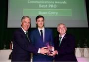 17 August 2018; Ryan Corry of Newmarket Celtic FC, Clare, receives the PRO of the Year award from John Delaney, CEO, Football Association of Ireland, left, and FAI President Tony Fitzgerald, right, during the FAI Communications Awards at the Rochestown Park Hotel in Cork. Photo by Stephen McCarthy/Sportsfile