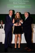 17 August 2018; Journalist Marie Crowe is presented with her award for Best Feature by John Delaney, CEO, Football Association of Ireland, left, and FAI President Tony Fitzgerald, right, during the FAI Communications Awards at the Rochestown Park Hotel in Cork. Photo by Stephen McCarthy/Sportsfile
