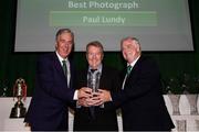 17 August 2018; Paul Lundy is presented with his award for Best Photograph by John Delaney, CEO, Football Association of Ireland, left, and FAI President Tony Fitzgerald, right, during the FAI Communications Awards at the Rochestown Park Hotel in Cork. Photo by Stephen McCarthy/Sportsfile