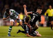 17 August 2018; Joel Coustrain of Shamrock Rovers is tackled by Ian Morris and Daragh Leahy of Bohemians during the SSE Airtricity League Premier Division match between Shamrock Rovers and Bohemians at Tallaght Stadium in Dublin. Photo by Eóin Noonan/Sportsfile