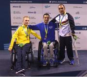17 August 2018; Medallists in the Men's 50m Backstroke S3 Final event, from left, silver medallist Denys Ostapchenko of Ukraine, gold medallist Vincenzo Boni of Italy, and bronze medallist Miguel Angel Tajuelo Martinez of Spain, during day five of the World Para Swimming Allianz European Championships at the Sport Ireland National Aquatic Centre in Blanchardstown, Dublin. Photo by David Fitzgerald/Sportsfile