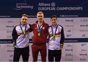17 August 2018; Medallists in the Men's 100m Freestyle S8 event, from left, silver medallist Inigo Llopis Sanz of Spain, gold medallist Michal Golus of Poland, and bronze medallist Sergio Salvador Martos Minguet of Spain, during day five of the World Para Swimming Allianz European Championships at the Sport Ireland National Aquatic Centre in Blanchardstown, Dublin. Photo by David Fitzgerald/Sportsfile
