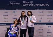 17 August 2018; Medallists in the Women's 100m Freestyle S8 event, from left, silver medallist Xenia Francesca Palazzo of Italy, gold medallist Alice Tai of Great Britain, and bronze medallist Claire Supiot of France, during day five of the World Para Swimming Allianz European Championships at the Sport Ireland National Aquatic Centre in Blanchardstown, Dublin. Photo by David Fitzgerald/Sportsfile