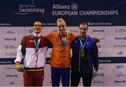 17 August 2018; Medallists in the Men's 400m Freestyle S6 event, from left, silver medallist Daniel Videira of Portugal, gold medallist Thijs van Hofweegen of Netherlands, and bronze medallist Yoav Valinsky of Isreal, during day five of the World Para Swimming Allianz European Championships at the Sport Ireland National Aquatic Centre in Blanchardstown, Dublin. Photo by David Fitzgerald/Sportsfile