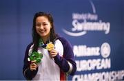 17 August 2018; Gold medallist in the Women's 100m Freestyle S8 event Alice Tai of Great Britain with her medal during day five of the World Para Swimming Allianz European Championships at the Sport Ireland National Aquatic Centre in Blanchardstown, Dublin. Photo by David Fitzgerald/Sportsfile