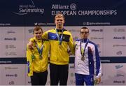 17 August 2018; Medallists in the Men's 50m Freestyle S7 event, from left, silver medallist Ievgenii Bogodaiko of Ukraine, gold medallist Andrii Trusov of Ukraine, and bronze medallist Federico Bicelli of Italy, during day five of the World Para Swimming Allianz European Championships at the Sport Ireland National Aquatic Centre in Blanchardstown, Dublin. Photo by David Fitzgerald/Sportsfile