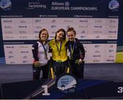 17 August 2018; Medallists in the Women's 400m Freestyle S6 event, from left, silver medallist Eleanor Simmonds of Great Britain, gold medallist Yelyzaveta Mereshko of Ukraine, and bronze medallist Maisie Summers-Newton of Great Britain, during day five of the World Para Swimming Allianz European Championships at the Sport Ireland National Aquatic Centre in Blanchardstown, Dublin. Photo by David Fitzgerald/Sportsfile