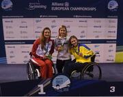 17 August 2018; Medallists in the Women's 50m Freestyle S7 event, from left, silver medallist Sabine Weber-Treiber of Austria, gold medallist Denise Grahl of Germany, and bronze medallist Anna Hontar of Sweden, during day five of the World Para Swimming Allianz European Championships at the Sport Ireland National Aquatic Centre in Blanchardstown, Dublin. Photo by David Fitzgerald/Sportsfile
