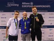 17 August 2018; Medallists in the Men's 200m Individual Medley SM9, from left, silver medallist Ugo Didier of France, gold medallist Federico Morlachhi of Italy, and bronze medallist Tamas Toth of Hungary, during day five of the World Para Swimming Allianz European Championships at the Sport Ireland National Aquatic Centre in Blanchardstown, Dublin. Photo by David Fitzgerald/Sportsfile