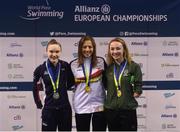17 August 2018; Medallists in the Women's 200m Individual Medley SM9, from left, silver medallist Toni Shaw of Great Britain, gold medallist Nuria Marques Soto of Spain, and bronze medallist Ellen Keane of Ireland, during day five of the World Para Swimming Allianz European Championships at the Sport Ireland National Aquatic Centre in Blanchardstown, Dublin. Photo by David Fitzgerald/Sportsfile