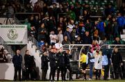 17 August 2018; Shamrock Rovers manager Stephen Bradley, 3rd from left, waits for his team to come off the pitch as supporters chant &quot;we want Bradley out&quot; following their loss in the SSE Airtricity League Premier Division match between Shamrock Rovers and Bohemians at Tallaght Stadium in Dublin. Photo by Eóin Noonan/Sportsfile