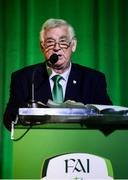 17 August 2018; FAI President Tony Fitzgerald speaking at the FAI Delegates Dinner & FAI Communications Awards at the Rochestown Park Hotel in Cork. Photo by Stephen McCarthy/Sportsfile