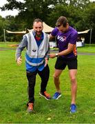 18 August 2018; Vhi ambassador and Olympian David Gillick, right, with Race Director Kevin Cane at the Longford parkrun where Vhi hosted a special event to celebrate their partnership with parkrun Ireland. David was on hand to lead the warm up for parkrun participants before completing the 5km free event. Parkrunners enjoyed refreshments post event at the Vhi Relaxation Area where a physiotherapist took participants through a post event stretching routine.   parkrun in partnership with Vhi support local communities in organising free, weekly, timed 5k runs every Saturday at 9.30am.To register for a parkrun near you visit www.parkrun.ie. Photo by Seb Daly/Sportsfile