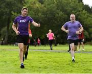18 August 2018; Vhi ambassador and Olympian David Gillick encourages a participant at the Longford parkrun where Vhi hosted a special event to celebrate their partnership with parkrun Ireland. David was on hand to lead the warm up for parkrun participants before completing the 5km free event. Parkrunners enjoyed refreshments post event at the Vhi Relaxation Area where a physiotherapist took participants through a post event stretching routine.   parkrun in partnership with Vhi support local communities in organising free, weekly, timed 5k runs every Saturday at 9.30am.To register for a parkrun near you visit www.parkrun.ie. Photo by Seb Daly/Sportsfile