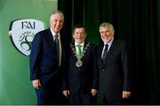 18 August 2018; Newly Elected FAI President Donal Conway, centre, and newly elected FAI Vice President Noel Fitzroy, right, with John Delaney, CEO, Football Association of Ireland, following the Football Association of Ireland Annual General Meeting at the Rochestown Park Hotel in Cork. Photo by Stephen McCarthy/Sportsfile