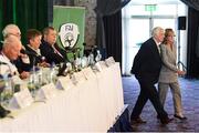 18 August 2018; Outgoing FAI President Tony Fitzgerald leaves the top table during the Football Association of Ireland Annual General Meeting at the Rochestown Park Hotel in Cork. Photo by Stephen McCarthy/Sportsfile