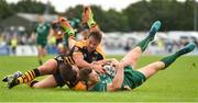 18 August 2018; Matt Healy of Connacht is tackled by Ambrose Curtis and Rob Miller of Wasps on his way to scoring his side's second try during the Pre-season Friendly match between Connacht and Wasps at Dubarry Park in Westmeath. Photo by Seb Daly/Sportsfile