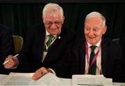 18 August 2018; FAI President Tony Fitzgerald, left, and FAI Board Member Michael Cody, Honorary Secretary, during the Football Association of Ireland Annual General Meeting at the Rochestown Park Hotel in Cork. Photo by Stephen McCarthy/Sportsfile