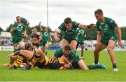 18 August 2018; Matt Healy of Connacht goes over to score his side's second try despite the tackle of Ambrose Curtis of Wasps during the Pre-season Friendly match between Connacht and Wasps at Dubarry Park in Westmeath. Photo by Seb Daly/Sportsfile