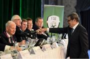 18 August 2018; Fernando Gomes, President of the Portugese FA, shakes hands with FAI Board Member Jim McConnell, Chairman of the Domestic Committee, during the Football Association of Ireland Annual General Meeting at the Rochestown Park Hotel in Cork. Photo by Stephen McCarthy/Sportsfile